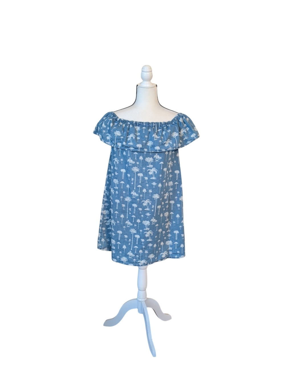 Love Fire Ruffle Off the Shoulder Palm Tree Chambray Dress SMALL Blue White